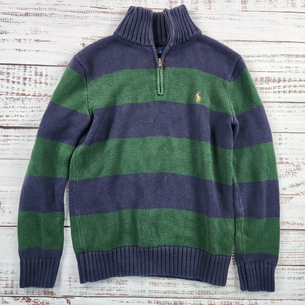 Polo Ralph Lauren Sweater Boys M 10-12 Navy Green Stripe 1/4 Zip Cotton Pony